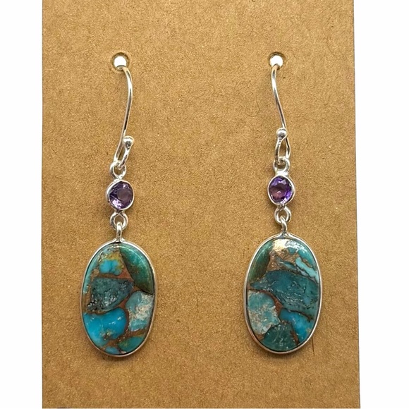 Kingman Mine Copper Turquoise Earrings Solid 925 Sterling Silver Pierced Dangle - Picture 2 of 5
